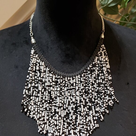 Womens Black White Glass Beaded Woven Fringe Collar Necklace with Lobster Clasp - Picture 2 of 8